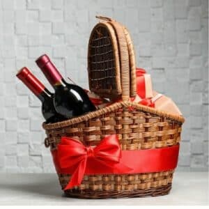 basket with bottles of wine as a gift