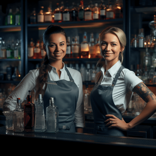 female bartenders posing for a photo at a bar