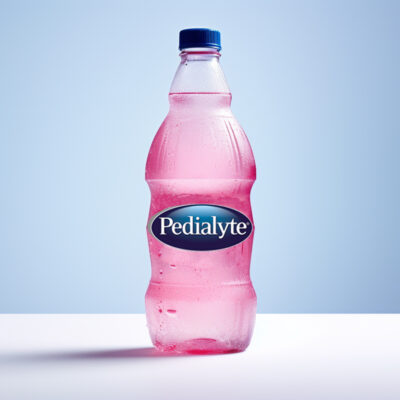 pink bottle of Pedialyte sitting on a white counter