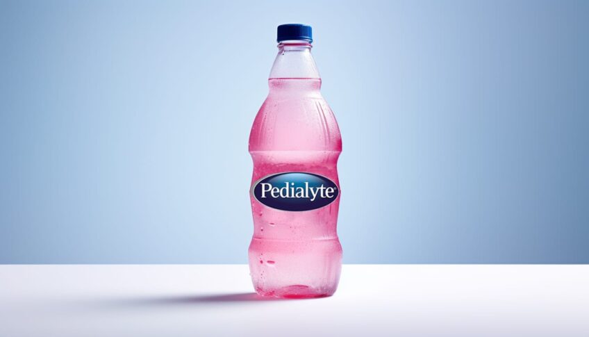 pink bottle of Pedialyte sitting on a white counter