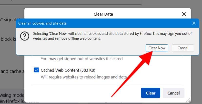 Firefox Clear Now button
