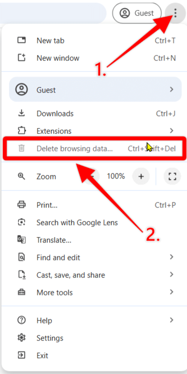 Google Chrome settings button and Delete browsing data