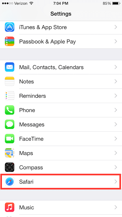 select Safari in settings on iOS device
