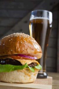 burger with glass of beer