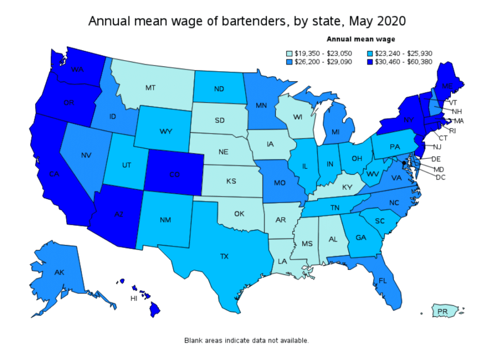 annual wage of bartenders by state