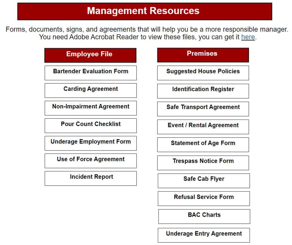 management recourses downloadable forms for restaurants and bars.