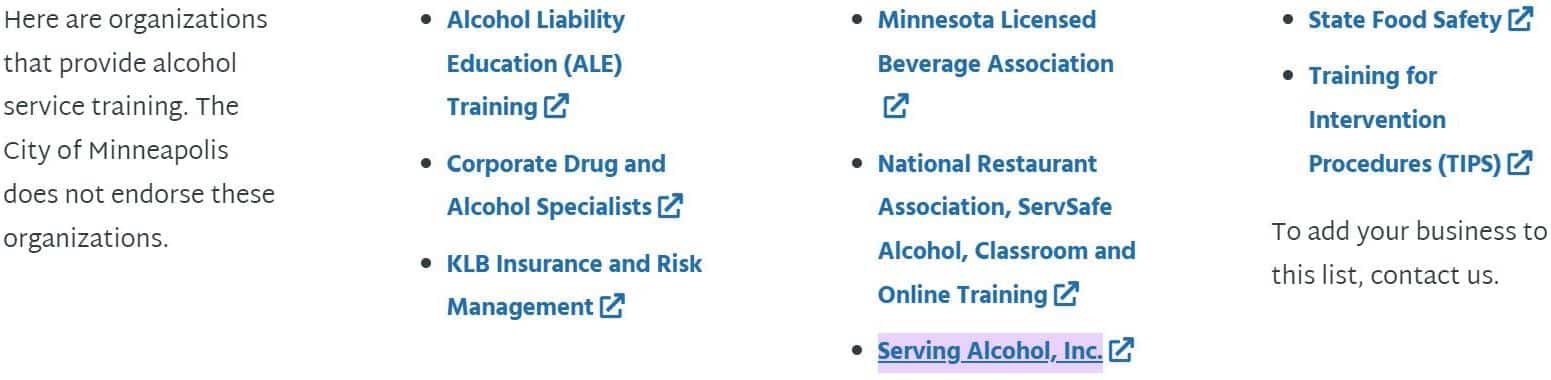 City of Minneapolis-Minnesota approved alcohol server training providers