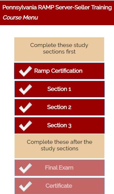 Pennsylvania RAMP Training certification menu of the course