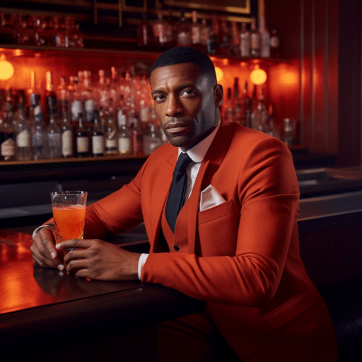black man in orange suit sitting at bar counter holding a negroni