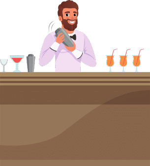 drawn image of a male bartender at bar counter smiling and shaking cocktail shaker