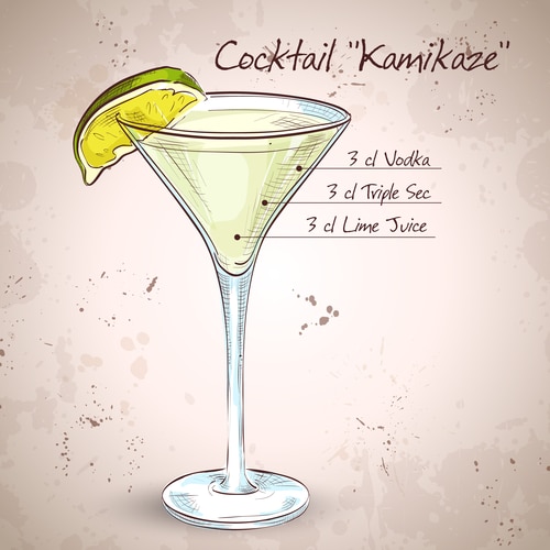 drawn graphic of kamikaze cocktail and recipe