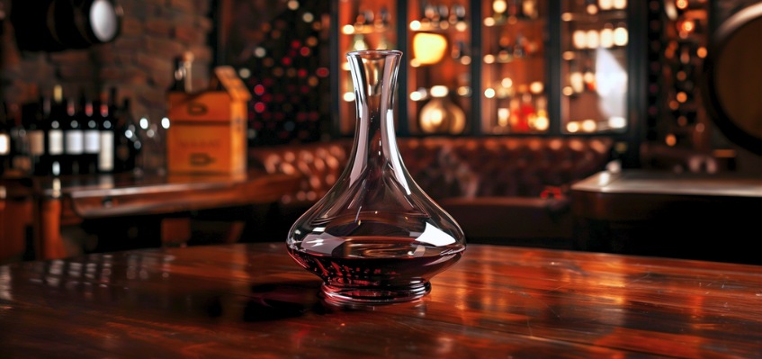 glass wine decanter inside bar before opening