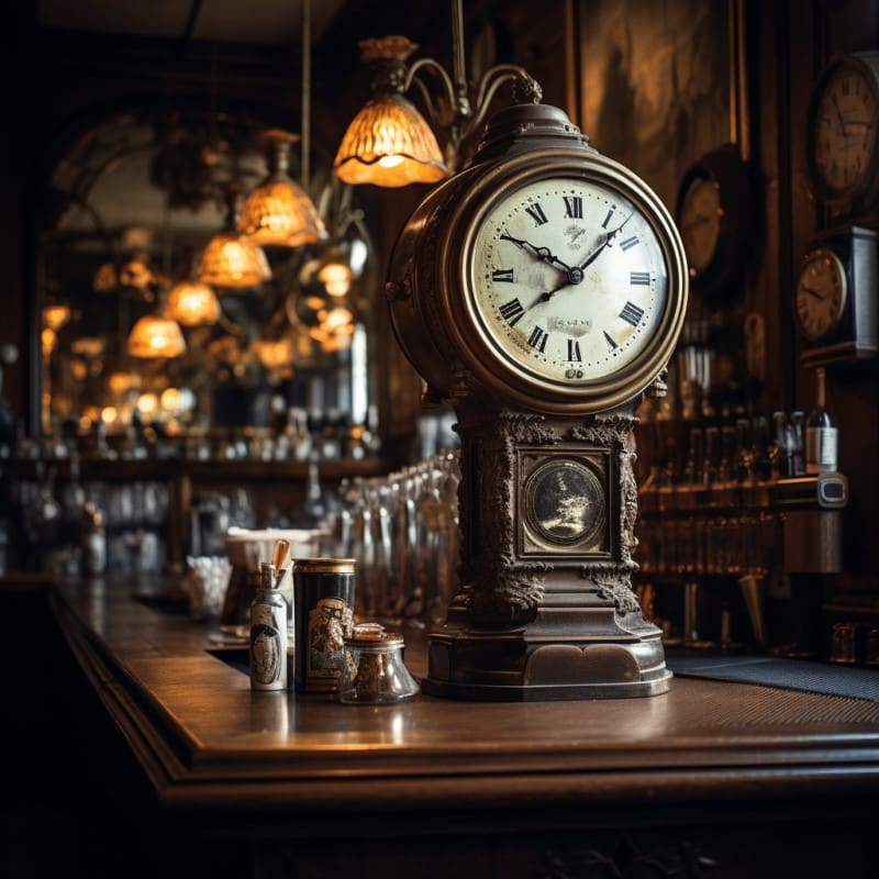 old clock sitting on a bar counter in an Irish pub