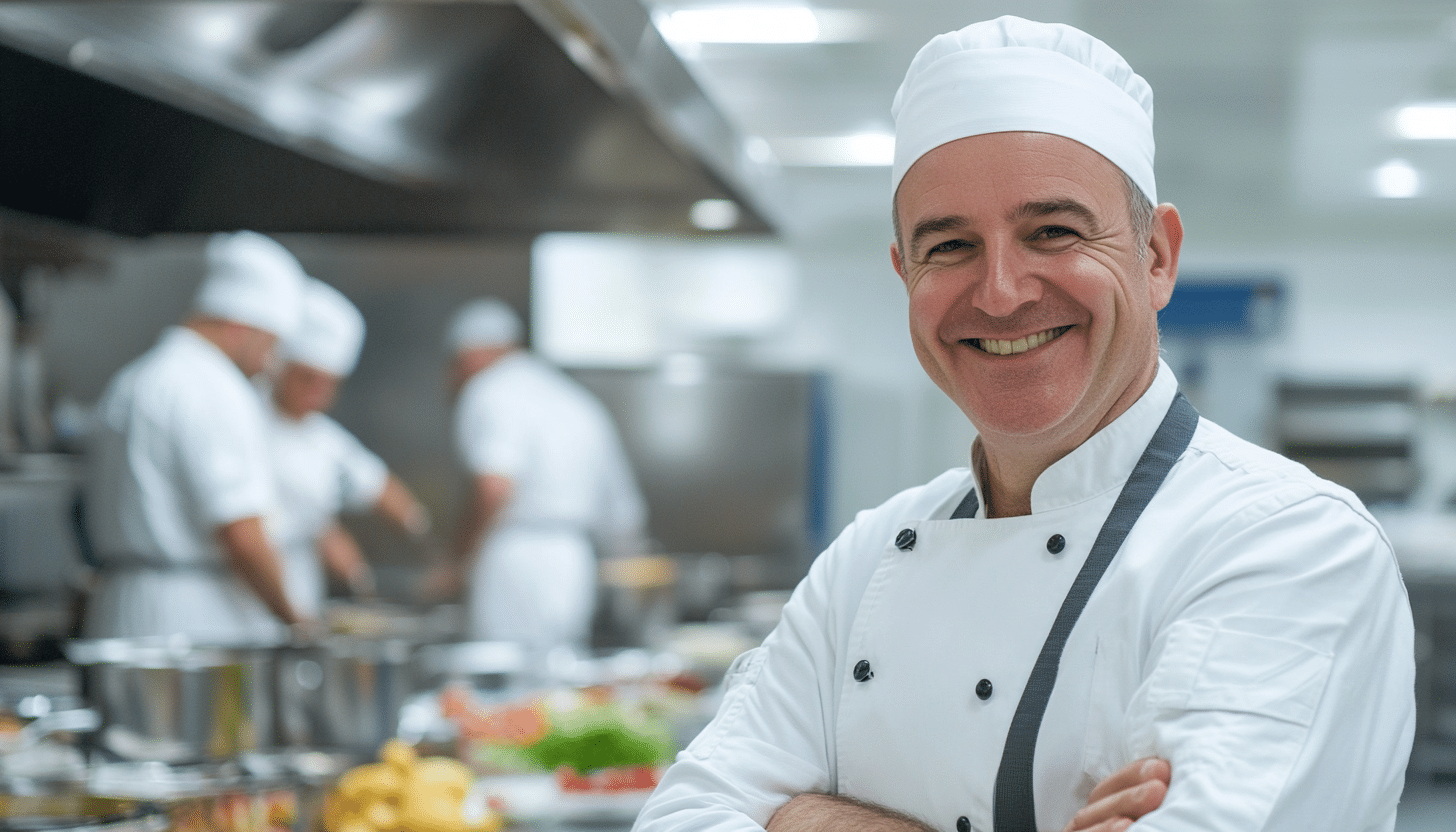 servingalcohol medium wide shot of head chef smiling in kitchen