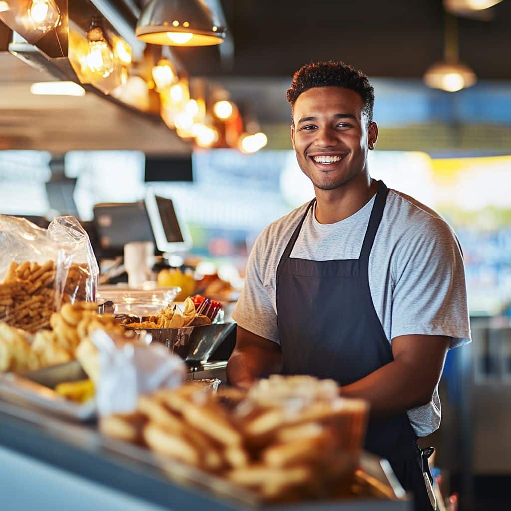 male food server smiling standing behind counter