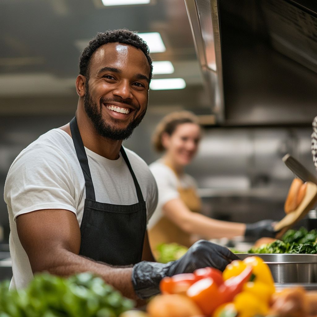 man smiling and prepping vegetables in kitchen