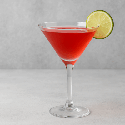 A stunning, brightly lit Cosmopolitan cocktail centered in a martini glass with a citrus twist, used as a hero image for a drink menu.