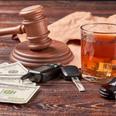 A gavel, car keys, cash, a drink, and a toy police car on a wooden table.