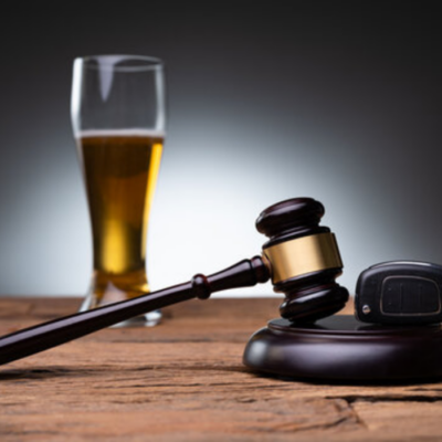 A wooden judge's gavel and a car key fob on a wooden table, with a tall glass of beer in the blurred background.