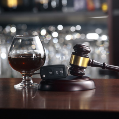 A snifter of dark liquor sitting next to a car key fob and a wooden judge's gavel on a bar top.