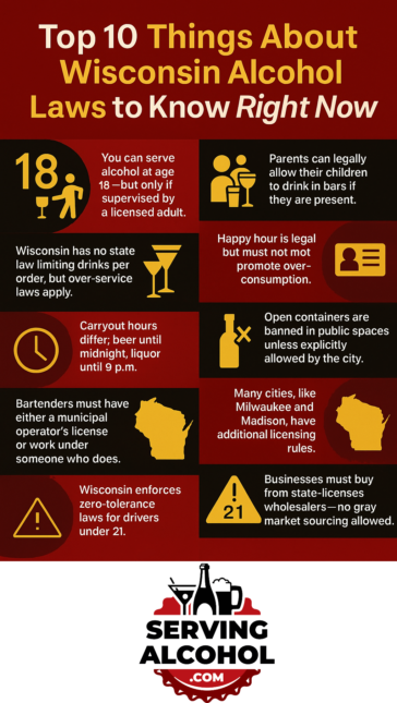 Educational infographic detailing ten essential Wisconsin alcohol laws by Serving Alcohol.