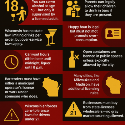 Educational infographic detailing ten essential Wisconsin alcohol laws by Serving Alcohol.